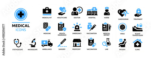 vector set of Medical icons. Medical icon set silhouette vector. Healthcare and wellness solid icon set: medical, fitness, and nutrition symbols