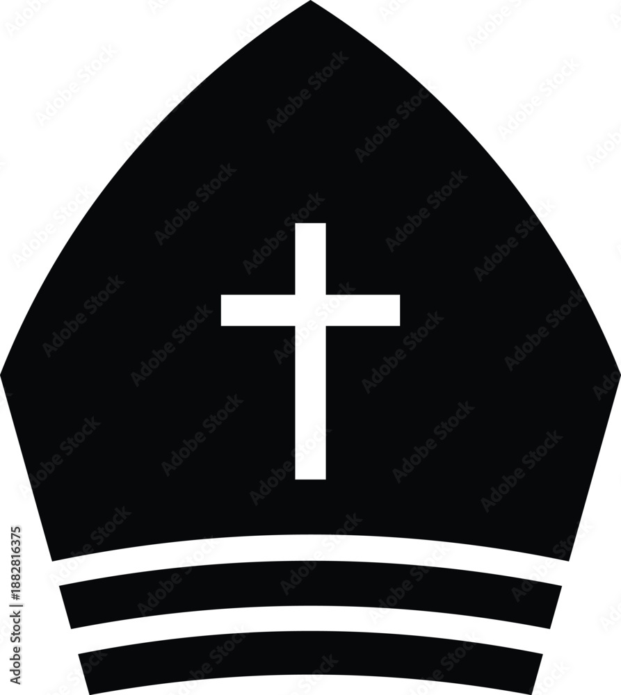 Obraz premium Black bishop hat with white cross and horizontal stripes mitre Christian symbol