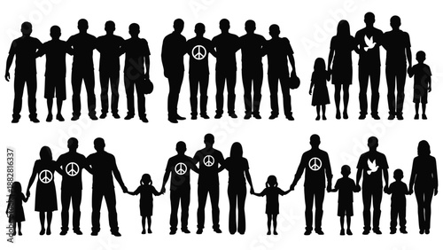 SilhouetteFamilyGroupHoldingHandsPeaceSymbolShirtsVectorIllustration