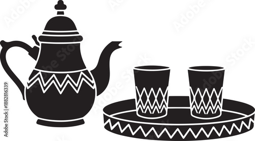 Tea Pot and Cups Tray Silhouette Traditional Drink Set