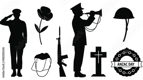 Tableau sur toile Black Silhouette of A N Z A C Day Military Tribute ANZAC Day soldier war memoria