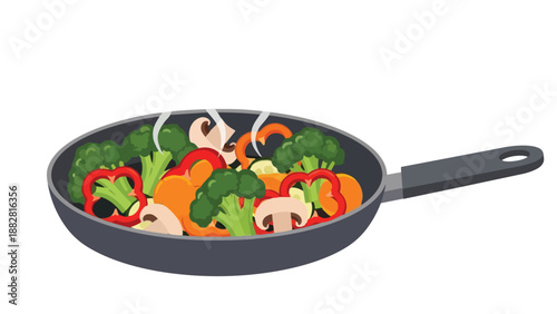Vibrant fresh vegetables sizzling in a dark cooking pan, creating a wholesome and nutritious meal preparation scene perfect for healthy eating and