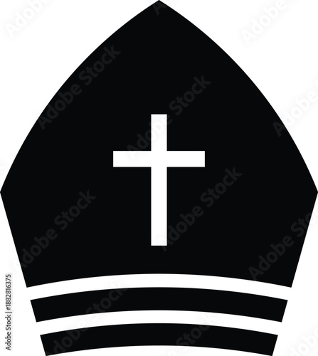 Black bishop hat with white cross and horizontal stripes mitre Christian symbol