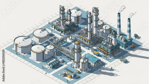 Industrial Chemical Plant Complex with Storage Tanks and Smokestacks.