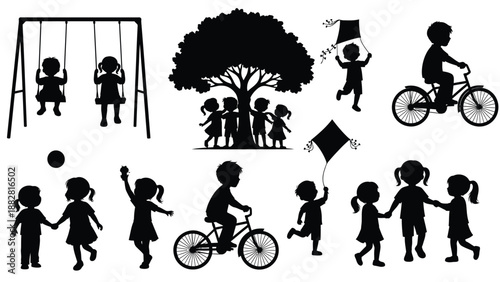 Silhouette of children playing outdoors with swings tree kites and bicycles silhouettes