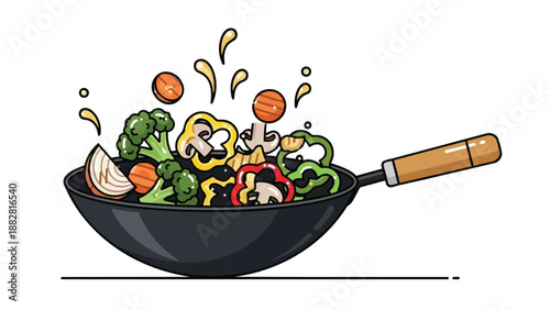 Capturing the essence of active healthy cooking with fresh, colorful vegetables vigorously stir-fried in a traditional wok, creating a dynamic