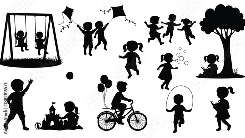 Silhouette of children playing outdoors with swings kites and bicycles