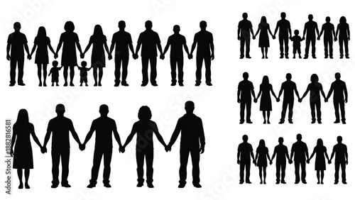 Silhouettes of Diverse Family Groups Holding Hands in Black Style