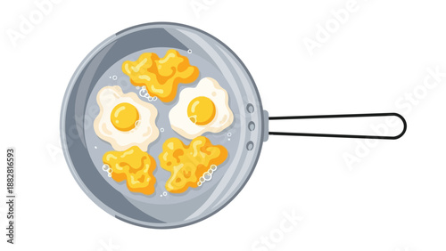 Breakfast preparation illustration featuring a frying pan with two sunny-side up eggs and two scrambled egg portions cooking
