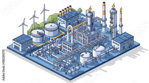 Industrial Power Plant Complex with Wind Turbines and Smokestacks.