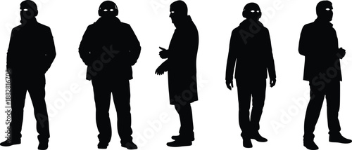 Collection of black silhouettes of men wearing coats and jackets standing and gesturing isolated on white background for architectural design