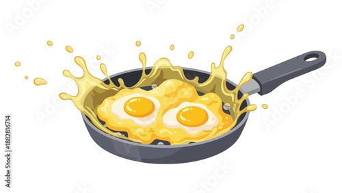 Vibrant illustration of two perfectly fried eggs sizzling in a hot pan with dynamic oil splashes