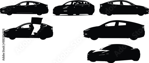 Collection of black silhouettes of modern electric Tesla cars in various side profile views and angles isolated on white background
