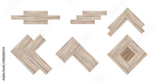 Parquet flooring planks set isolated on white background. Vector realistic illustration of wooden or veneer material for vintage floor design, natural light brown laminate for interior decoration