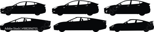Collection of black silhouettes of modern electric Tesla cars in various side profile views and angles isolated on white background