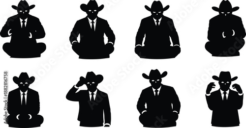 Collection of black silhouettes of mysterious cowboy businessmen in suits and hats sitting and gesturing isolated on white background, set