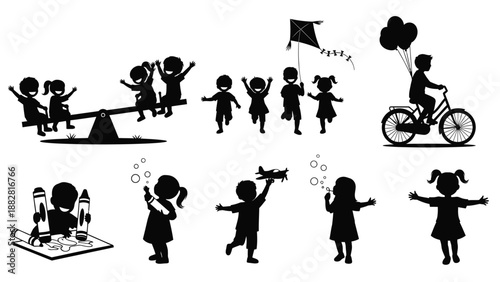 Silhouettes of Children Engaging in Various Playful Activities outdoor