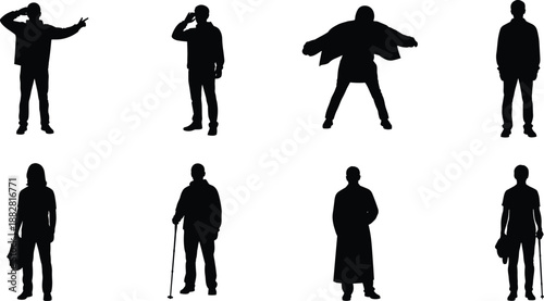 Collection of black silhouettes of people in various active poses including talking on phone, pointing, and walking with walking sticks