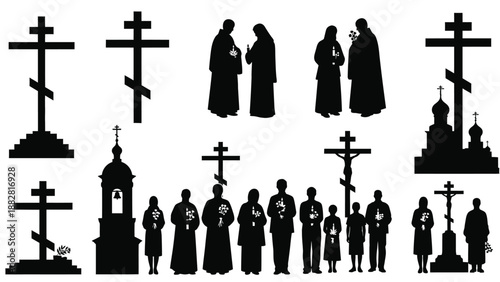 Silhouettes of people holding crosses and flowers in front of religious symbols and buildings