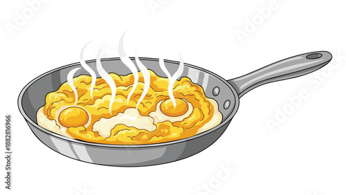 A lively cartoon depiction of steaming fluffy golden scrambled eggs, complete with two distinct sunny yolks, expertly prepared within a classic