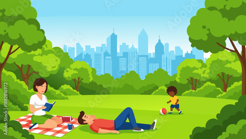 A vibrant vector illustration of a family enjoying a sunny day picnic in a park with a cityscape in the background