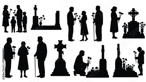Silhouettes of people paying respects at gravestones with flowers tombstones