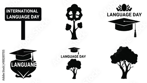 Black and White International Language Day with Graduation Cap Tree symbols