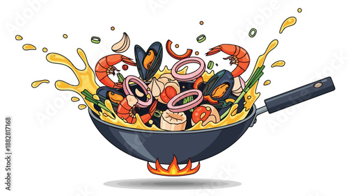 Dynamic illustration of fresh seafood being stir-fried in a wok with vibrant splashes.
