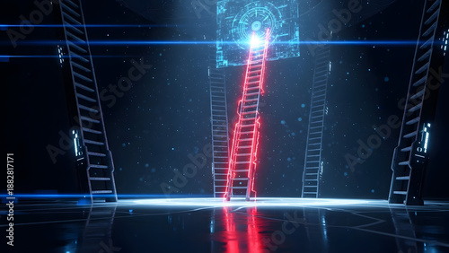 Futuristic ladder leading to digital gateway in neon lit room