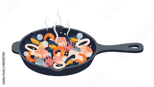 A lively illustration of a delectable seafood medley gently steaming in a dark culinary skillet capturing the essence of fresh ocean cuisine ready