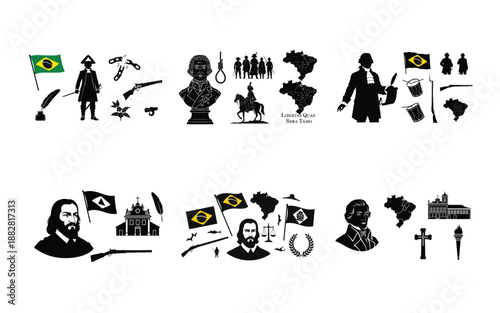 Black and yellow historical figures and symbols from Brazil flags
