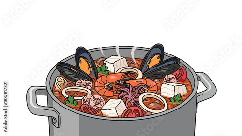 Steaming seafood stew illustration with mussels, shrimp, squid, fish, and rich tomato broth