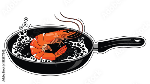 Vibrant cooked prawn in a bubbling black skillet, prepared for culinary enjoyment, illustrating delicious seafood cuisine with simple yet effective