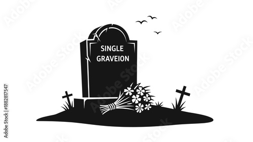 Black and white gravestone with flowers and crosses in a cemetery scene single graveion
