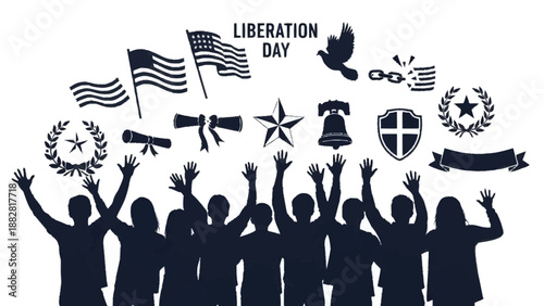 Group of Silhouettes Celebrating Liberation Day with Symbols and Flags celebration