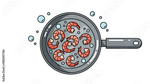 An appealing flat style illustration showcasing a collection of delicious red shrimp actively simmering within a sleek, modern frying pan,