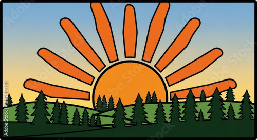 Vibrant cartoon sunrise over rolling green hills with pine trees warm orange sun rays