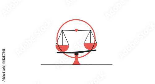 Balance scale with equal red weights in black and red illustration symbolizing justice and fairness in a simple graphic design
