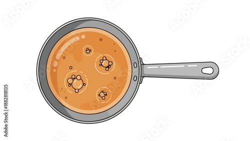 Overhead perspective of a metal frying pan containing a vibrant orange liquid gently simmering with active bubbles, suggesting a delicious meal in