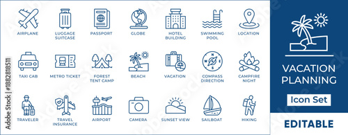 Travel Vacation Trip Planning Booking App UI Line Icon Set Editable Stroke