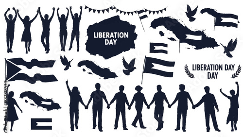 Black and white liberation day celebration with flags and people silhouettes