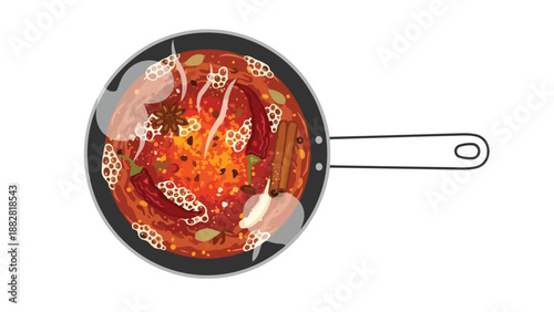 Vibrant hotpot illustration with simmering spices and aromatic ingredients creating a delicious meal