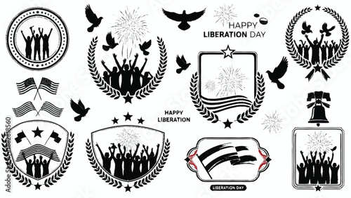 Black and white liberation day celebration with fireworks and flags