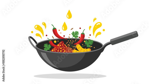 Dynamic Wok Cooking with Vibrant Spices and Fresh Ingredients Bursting with Flavor and Aromatic Zest Preparing a Delicious Meal Experience.