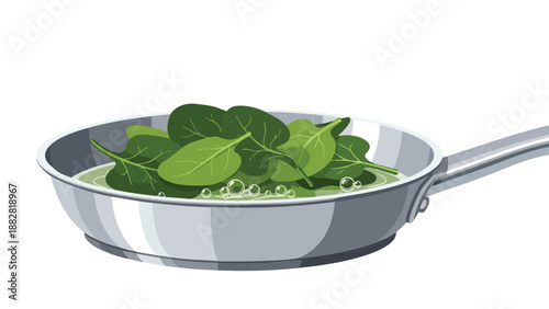 Fresh vibrant green spinach leaves gently simmering in a sleek silver pan on a clean white background an appetizing culinary illustration of healthy