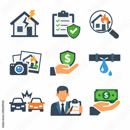 Insurance icons: home protection, damage assessment, claims process, financial security, risk management