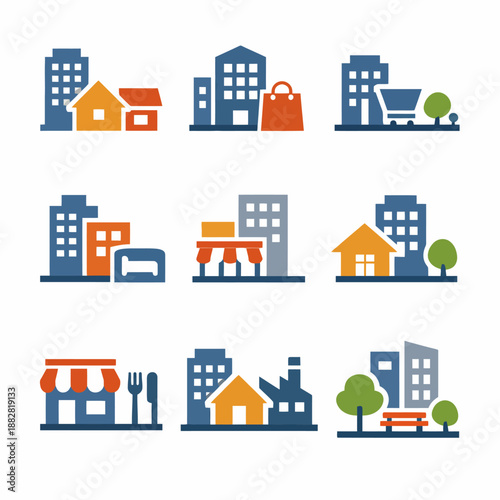 Colorful urban icons illustration: buildings, trees, shopping, dining