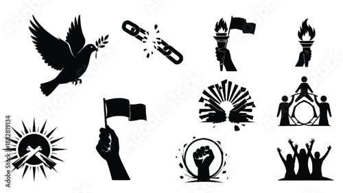 Black and white symbols of protest and unity with broken chains and raised fists