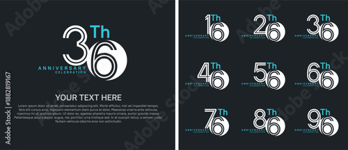 anniversary logo set with circle. white and blue color on black background for celebration moment