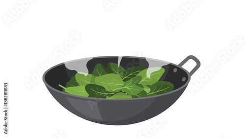 Vibrant green spinach leaves gently steaming in a dark cooking pan, illustrating healthy food preparation